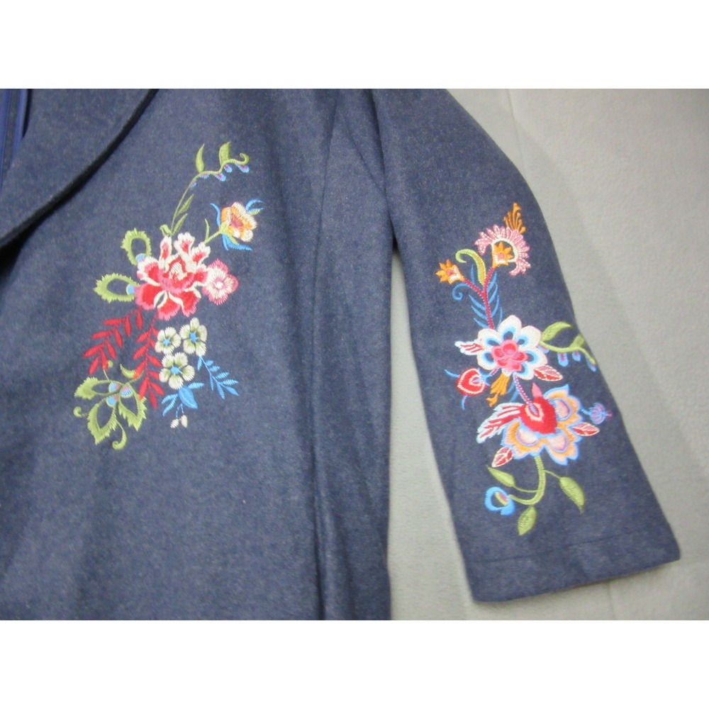 Trench Coat Jacket Women XL Blue Floral Vibrant Embroidered Longline Blazer - Picture 5 of 15